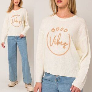 NEW GILLI Good Vibes Embroidery Cream Knit Sweater Relaxed Fit Lightweight M $62